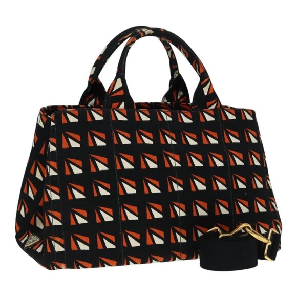 PRADA Canapa MM Hand Bag Canvas 2way Black Orange Auth - Picture 1 of 16